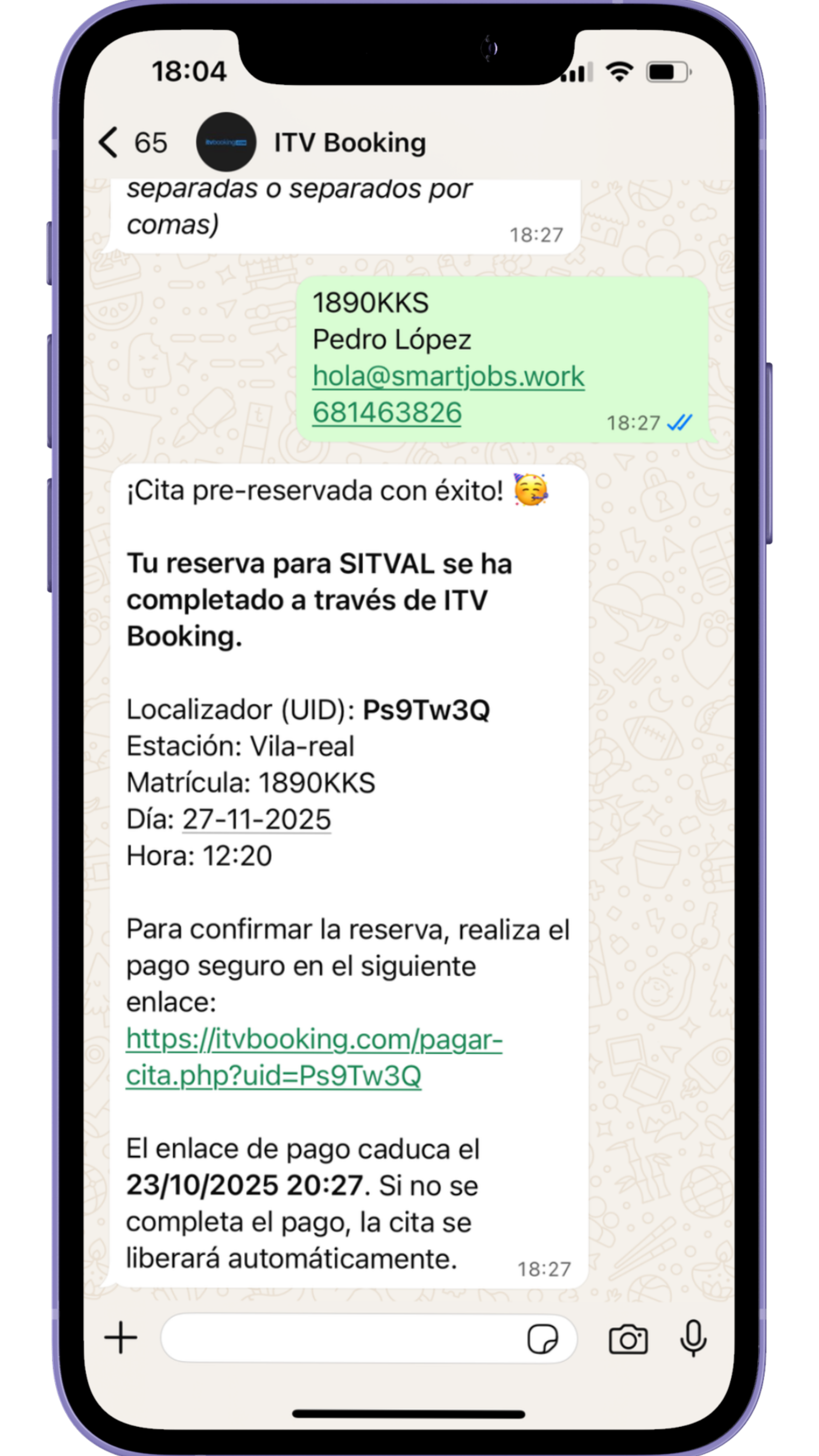 Pide cita en SITVAL por WhatsApp con ITV Booking